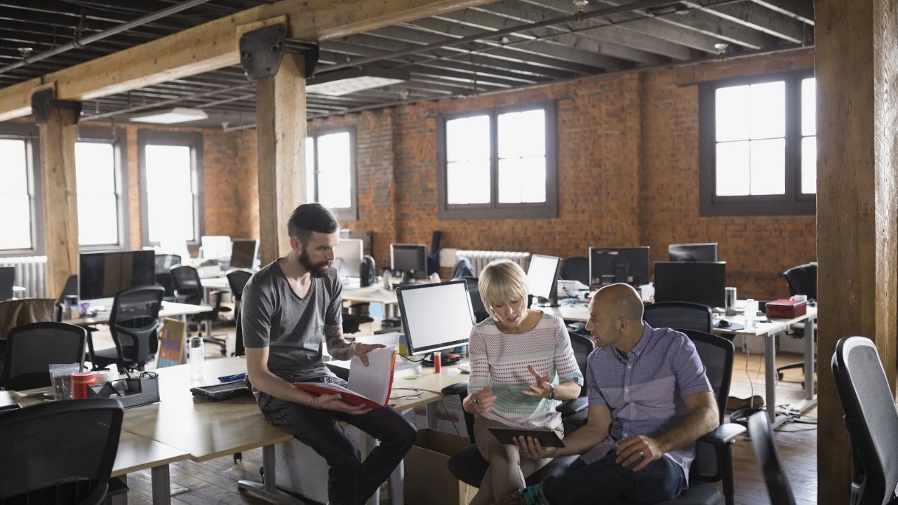The team collaborating in an open office